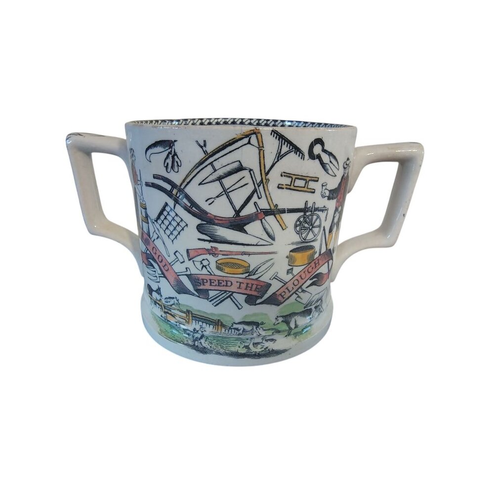 Antique Farmer's Arms Double Handled Mug, B&L God Speed the Plow Farming Rare